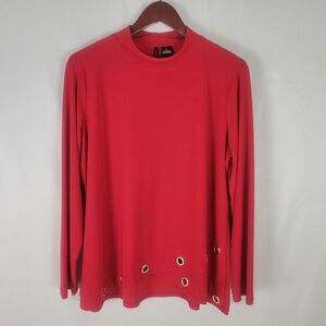 New Directions‎ Shirt Womens XL Red Top Grommet Hem Long Sleeve Crew Neck